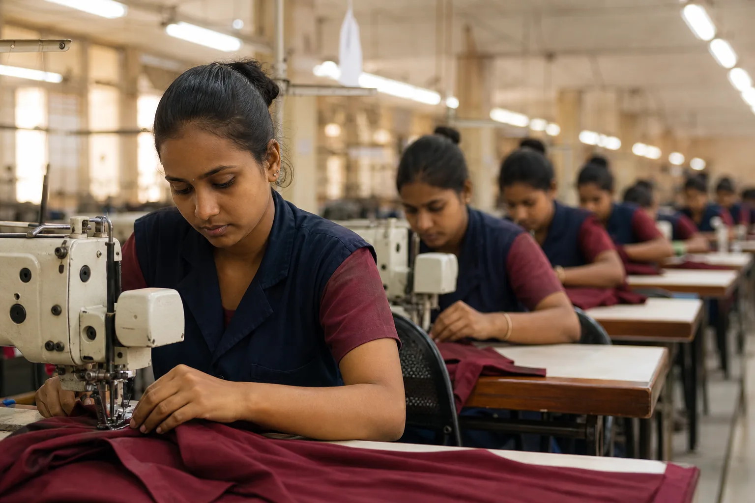 Trainees at industrial sewing machines on a garment production line