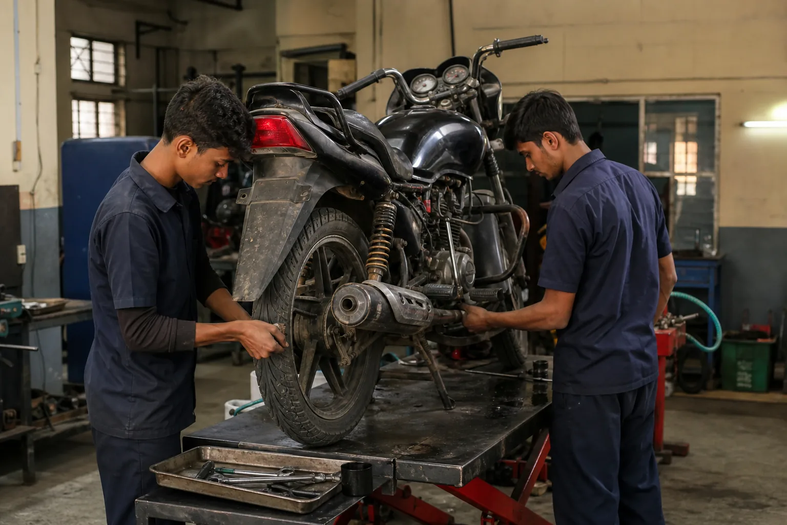 Service technicians working on a motorcycle in the automotive workshop