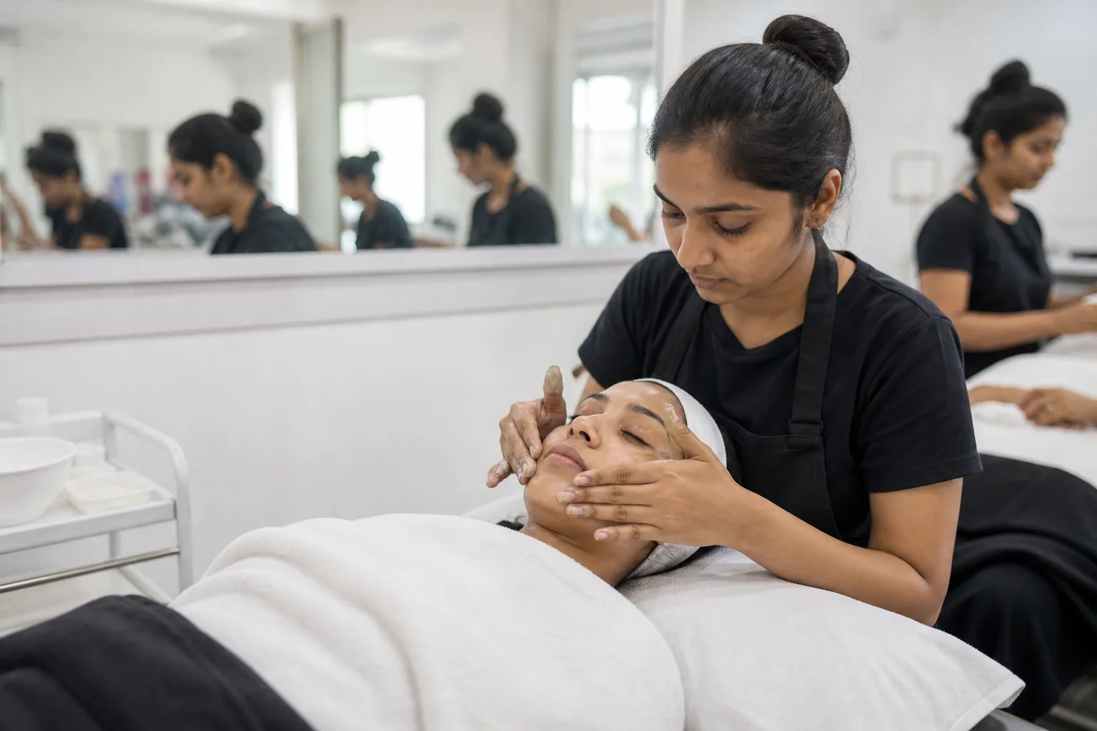 A beauty therapist trainee practising in a salon classroom