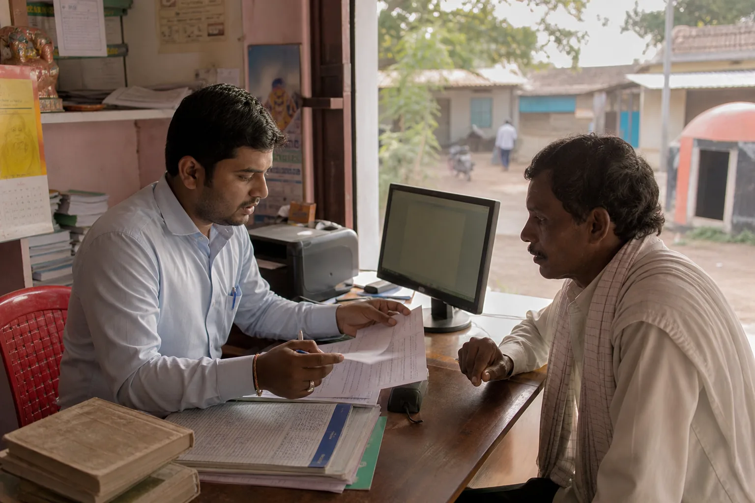 A business correspondent helping a customer in a rural banking kiosk