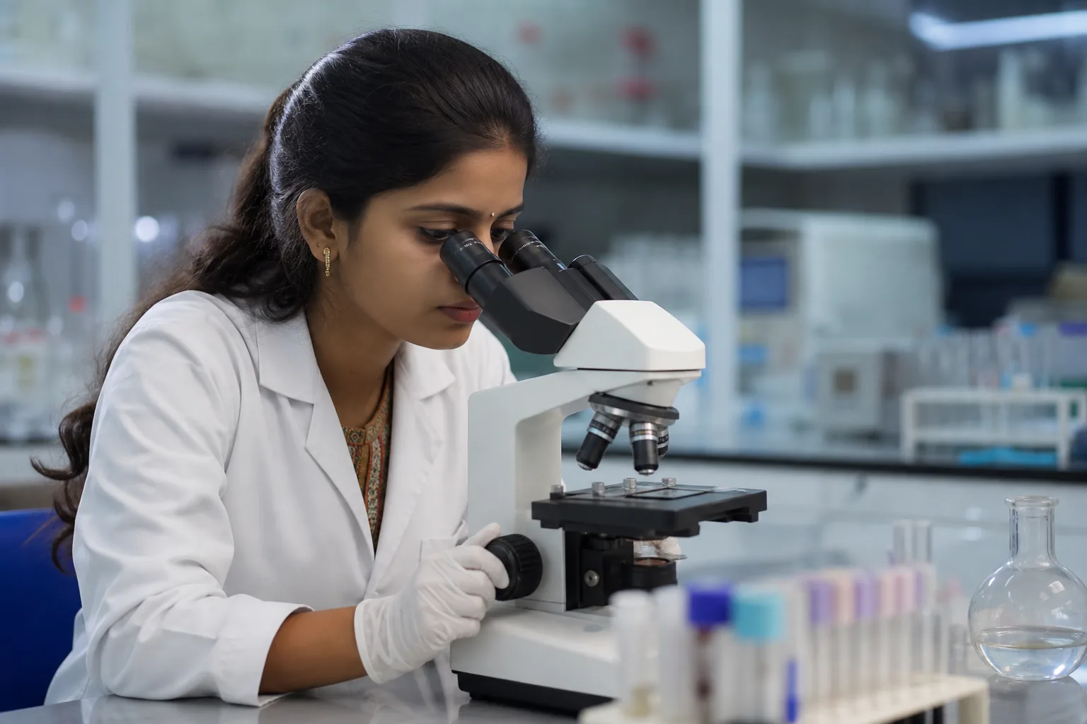 A medical lab technician at a microscope in a training laboratory