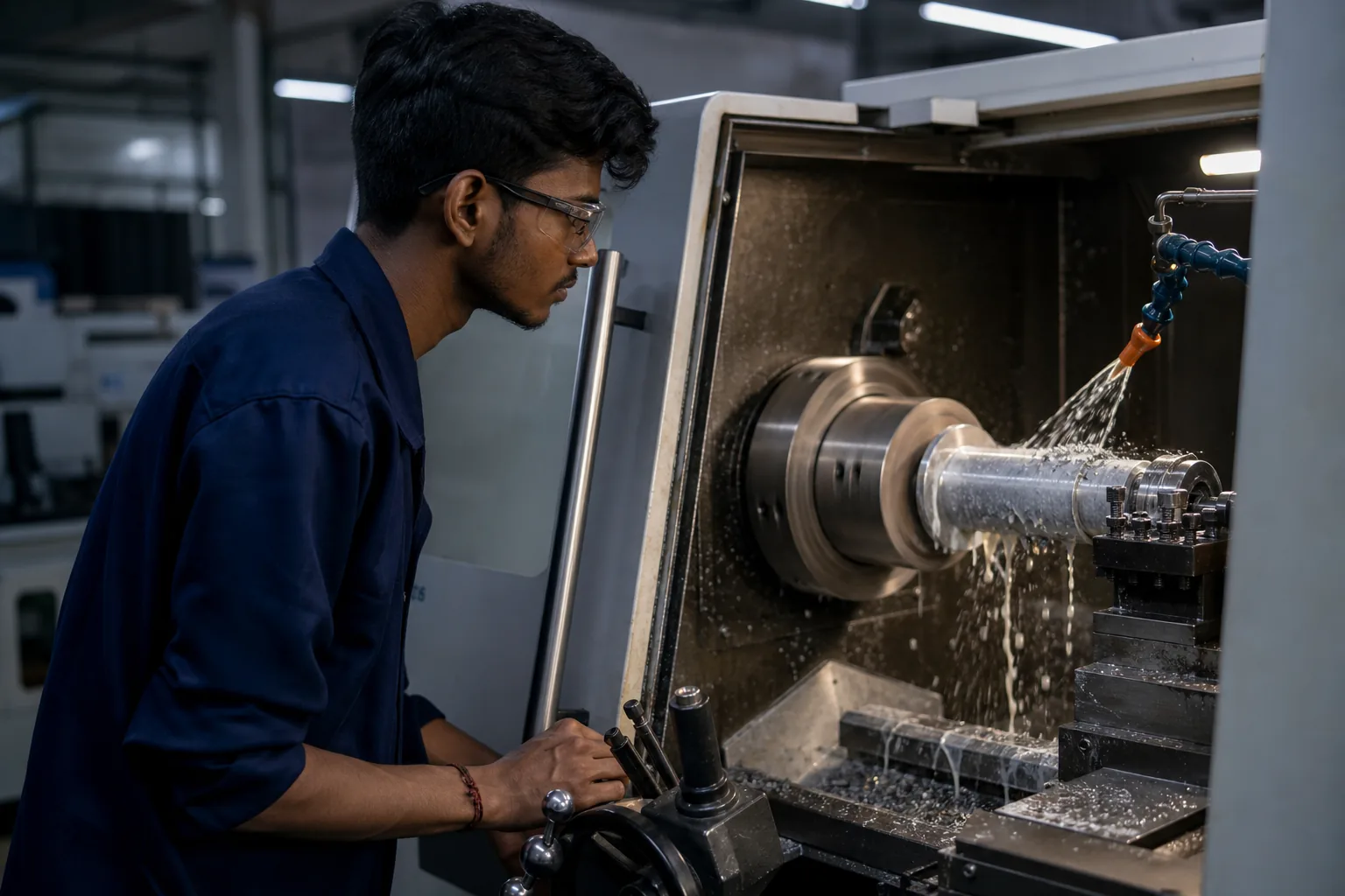 A machinist operating a CNC lathe in the manufacturing workshop