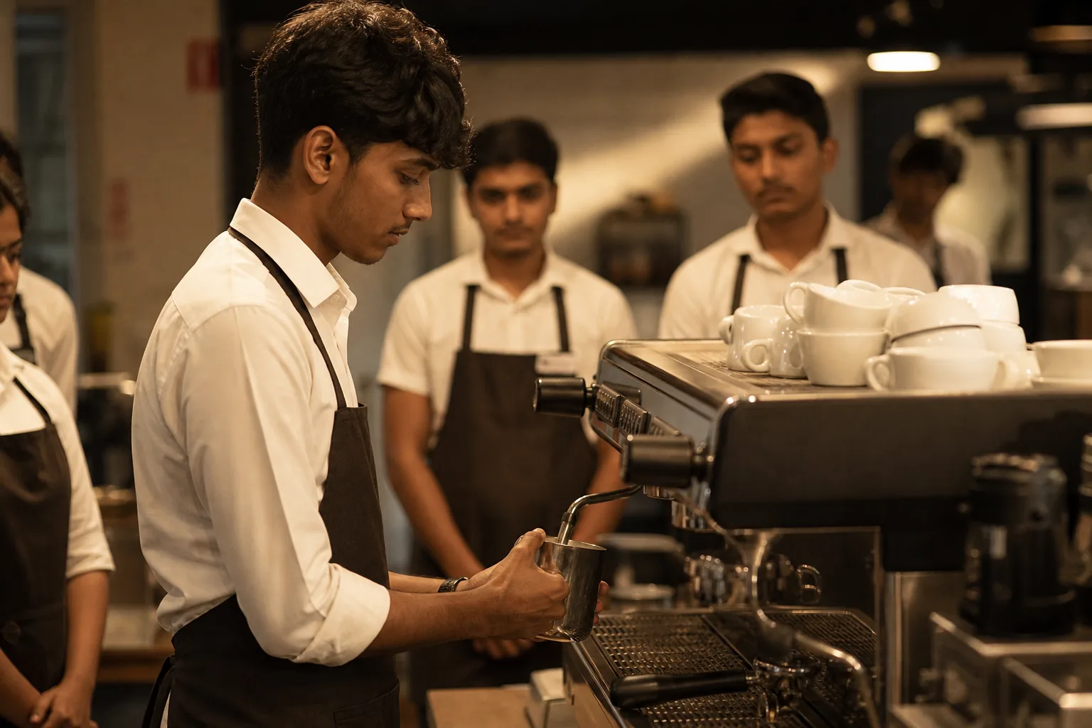 A brewmaster steaming milk at a café training bar