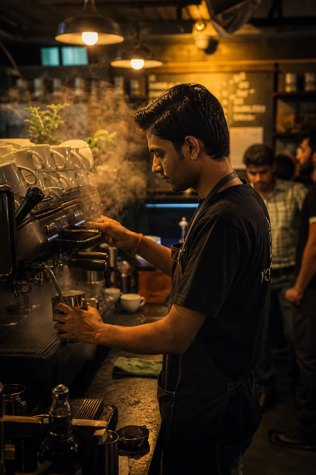 A brewmaster at work on a café espresso bar